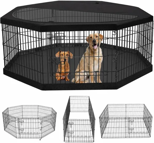 Vista 12 de PETIME - Corral plegable de metal para ejercicio de perros/Parque de juegos para cachorros con 8 paneles para interior/exterior, valla de patio