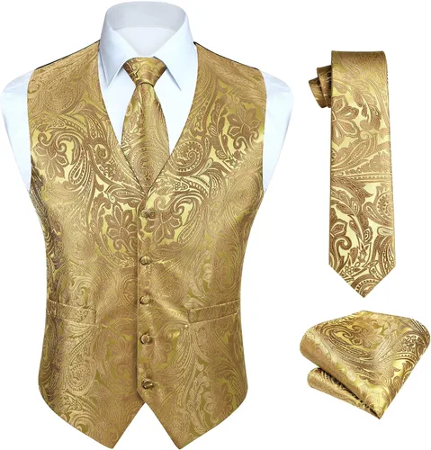 Vista 29 de HISDERN Conjunto de 3 piezas de chaleco formal para hombre, chaleco formal de cachemira floral jacquard corbata bolsillo cuadrado chalecos