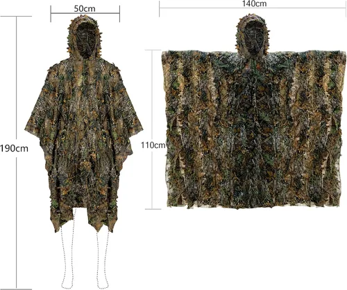 Vista 4 de Ginsco Poncho de camuflaje con hojas 3D Camoflage Woodland Cape ligero Ghillie traje para hombres, capucha Ghillie para caza de pavos, observación
