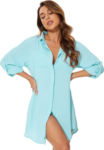 Vista 2 de Sexy vestido de gasa para mujer, estilo camiseta, para poner sobre el traje de baño, abotonado al frente ideal para la playa, estilo Vogue