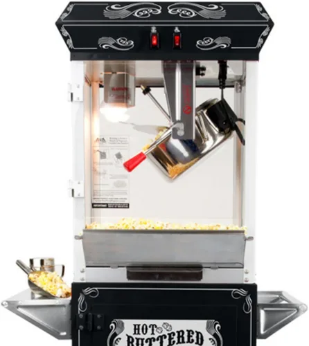 Vista 4 de Funtime Sideshow Popper - Máquina de palomitas de maíz de aceite caliente de 4 onzas con carrito, negro/plateado