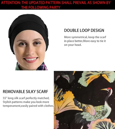 Vista 3 de Forro de algodón de bambú para mujer, con bufandas sedosas para el cáncer, pérdida de cabello, gorras de sueño