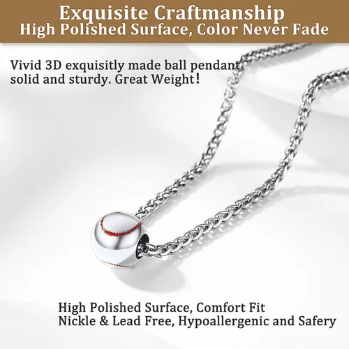 Vista 6 de Bestyle Collar con colgantes de bola vívida para hombre, acero inoxidable sólido, fútbol, baloncesto, voleibol, pelota de rugby, béisbol, plateado