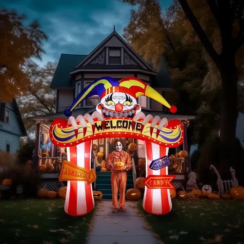 Vista 6 de WBHome 3 m Arco de payasos inflables de Halloween para decoración de exterior, del Día de los Muertos, para patio con luz LED integrada