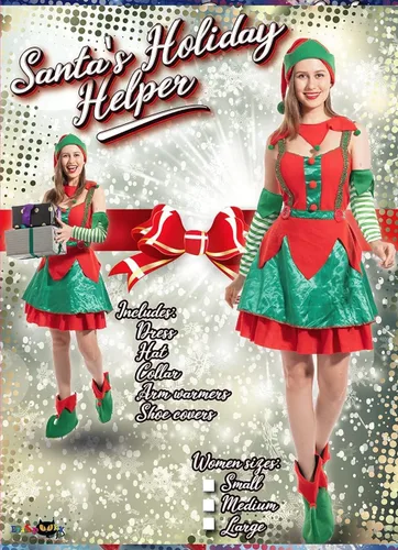 Vista 3 de FantastCostumes Disfraz de elfo de Navidad para mujer, disfraz de Papá Noel