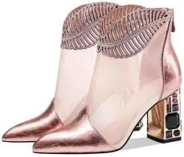 Vista 5 de IMPREMEY Women's Rhinestone High Heels, Leather Mesh Pointed Toe Glittering Jewel Back Zipper Summer Ankle Boots