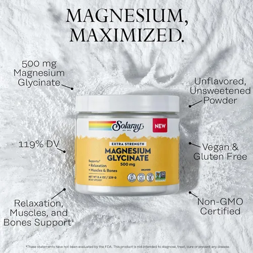 Vista 3 de SOLARAY Polvo de glicinato de magnesio de 500 mg – Suplemento de magnesio extra fuerte, sin sabor para apoyo óseo, muscular y de relajación, vegano