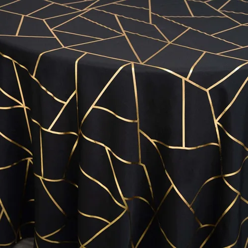 Vista 6 de Efavormart - Mantel redondo de poliéster de 120 pulgadas con patrón geométrico dorado Negro