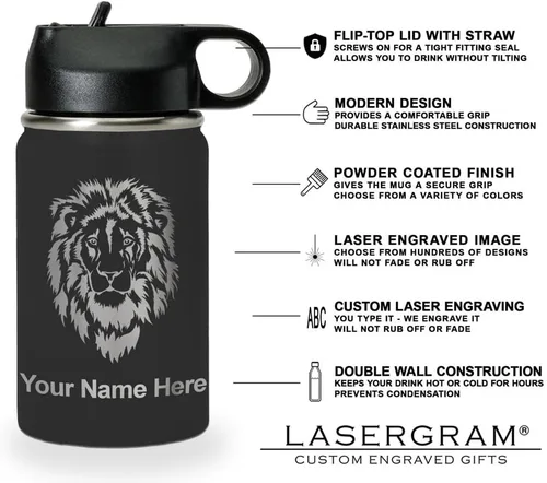 Vista 6 de LaserGram Botella de agua con tapa abatible de doble pared de 12 onzas con pajilla, la tía más grande del mundo, grabado personalizado incluido Negro