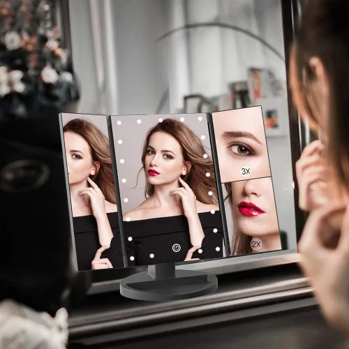 Vista 2 de WEILY Espejo de maquillaje con 21 luces LED, dos modos de fuente de alimentación, pantalla táctil ajustable y espejo de tocador de tres pliegues