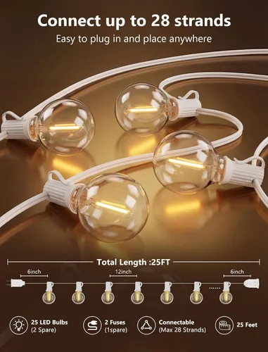 Vista 2 de Guirnalda de luces LED para exteriores, G40, de 25 pies, impermeable, con 27 bombillas inastillables, luces colgantes de decoración de Navidad al