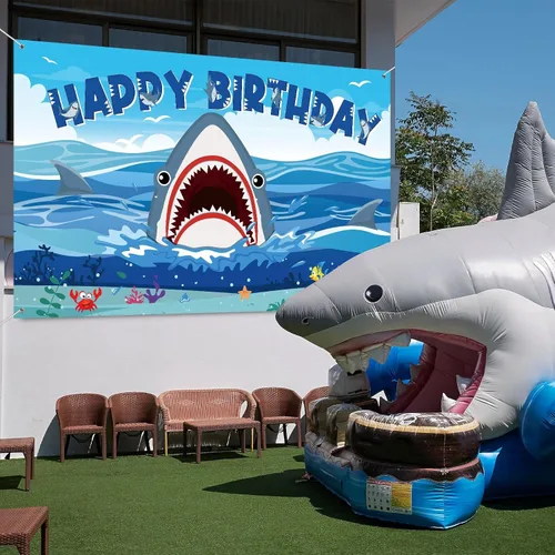 Vista 6 de Tatuo Cartel de fondo de cumpleaños de tiburón, decoraciones de cumpleaños de tiburón, fondo de fotografía de zona para niños y niñas, suministros