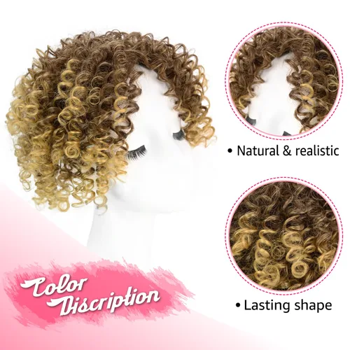 Vista 3 de Peluca de cabello corto afro natural rizado con flequillo, pelucas sintéticas con clip negro, para hombres y mujeres, con cabello delgado, volumen
