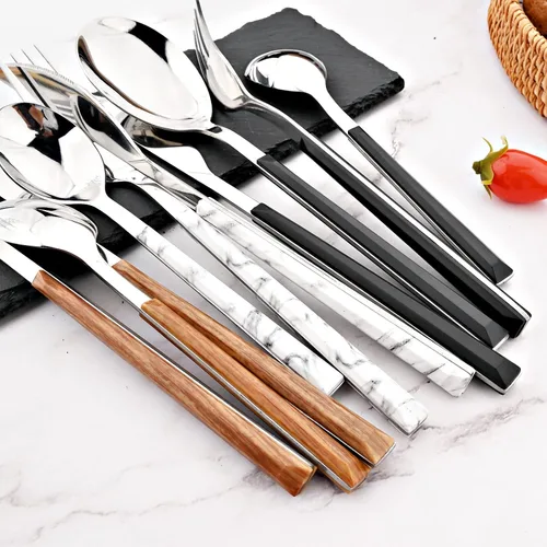 Vista 7 de Juego de cubiertos de 24 piezas de cubiertos de imitación de mármol blanco con soporte, cubiertos de acero inoxidable para 6, utensilios de comer