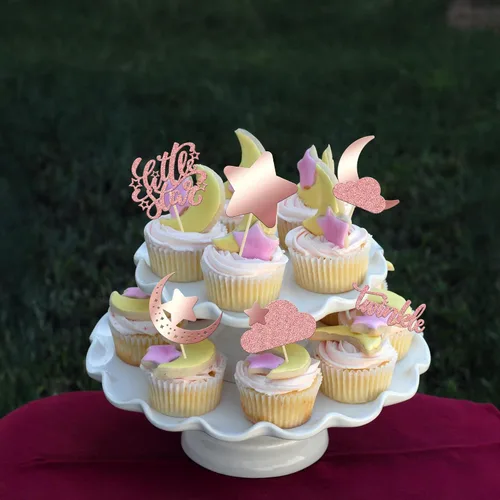 Vista 9 de Gyufise 24 piezas de decoración de cupcakes con purpurina de luna, nube, decoración de tartas de estrellas parpadeantes, baby shower, niños, Oro