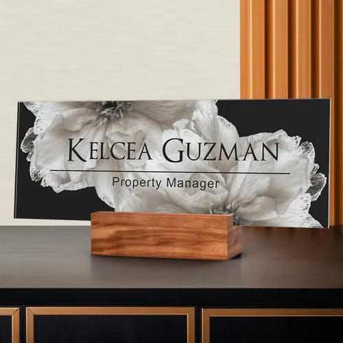 Vista 45 de Placa de identificación personalizada para escritorio, decoración de oficina de acrílico transparente con diseño de flores, decoraciones