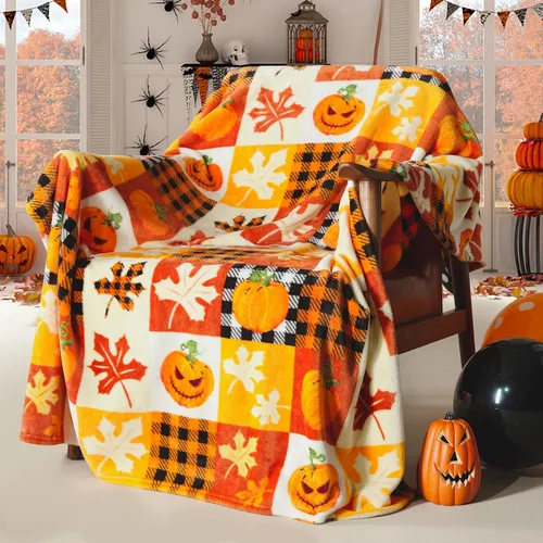 Vista 10 de ROMROL Manta de Halloween, manta de otoño, mullida, acogedora, suave, hojas de calabaza, manta de franela de felpa de forro polar, decoración