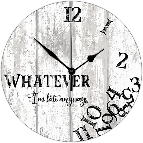 Vista 10 de Reloj de pared de 10 pulgadas, de grano de madera rústica, divertido con texto en inglés "Whatever I'm Late Anyways", reloj de pared vintage