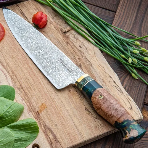 Vista 4 de Cuchillo de chef de 8 pulgadas, cuchillo de cocina profesional para chefs - AUS-10 japonés AUS-10 de 67 capas de acero de damasco - Mango de resina