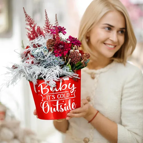 Vista 3 de Hoolerry 16 macetas de Navidad para jardinería, accesorios galvanizados, cubo de metal rojo de 6 pulgadas, macetas de flores galvanizadas