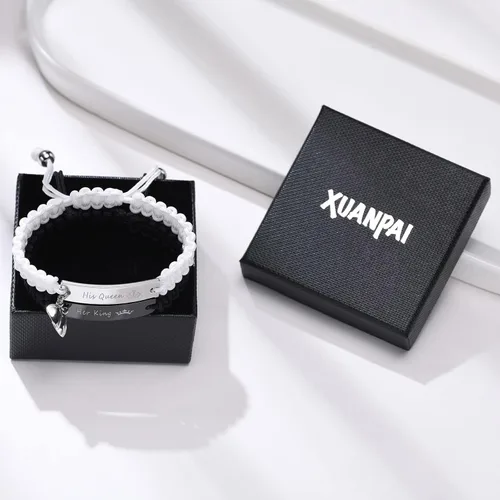 Vista 4 de XUANPAI Engraved Handmade Matching Couples Rope Braided ID Bracelets Set Anniversary Personalized Gift for Him and Her
