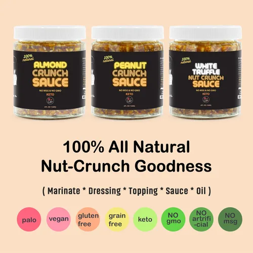 Vista 3 de Salsa crujiente de almendras SAUCE UP Espesa, salada y nuez con trozos de almendra tostada Vegana, apta para dieta cetogénica, sin gluten, sin