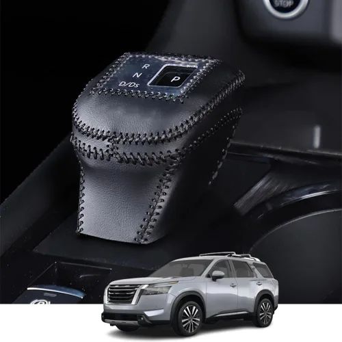 Vista 6 de Accesorios de interior personalizados para Nissan Pathfinder 2022 2023, cubierta de pomo de palanca de cambios de piel automática, funda de palanca