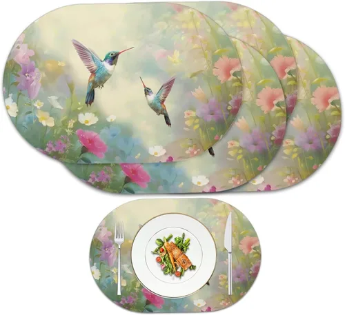 Vista 55 de Blue Flower Dining Table Mats Set of 2 Hummingbird Heat Resistant Placemats Washable and Wipeable Non Slip Place Mat, Waterproof Modern Dining Table