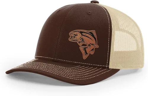 Vista 52 de Sombrero de pesca de salmón con parche de cuero grabado láser Richardson 112 Snapback Trucker Cap
