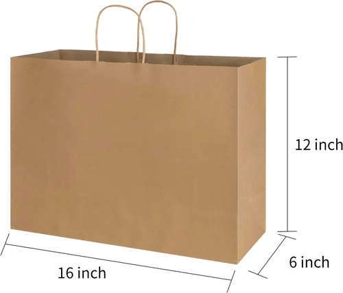 Vista 2 de bagmad Paquete de 50 bolsas grandes de papel kraft de 16 x 6 x 12 pulgadas, color marrón natural liso con asas, a granel para compras, bodas