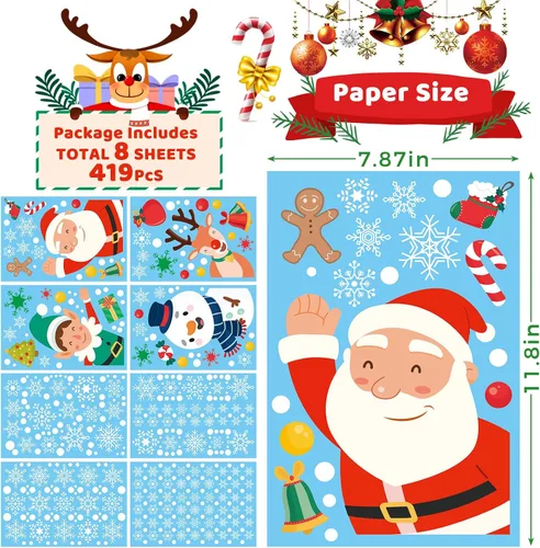 Vista 2 de 419 calcomanías navideñas para ventana, doble cara de copo de nieve, decoraciones para vidrio e interiores, regalos para Navidad, decoración
