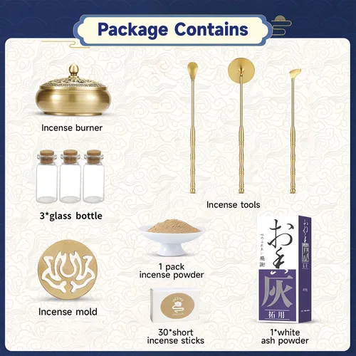 Vista 2 de Kit de quemador de incienso de 16 piezas de yoga y meditación, juego completo de quemador de polvo de ceniza con incensario de latón, herramientas