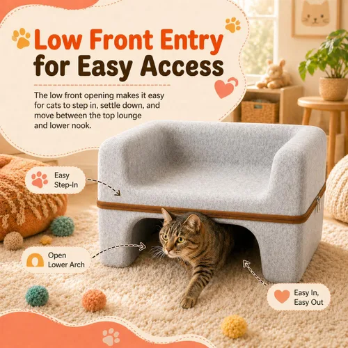 Vista 9 de Cama grande para gatos de interior, cama cueva para gatos de 2 niveles con salón superior y escondite inferior, sofá lavable de fieltro PET