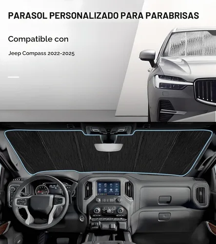 Vista 2 de Pigenius Parasol para parabrisas para Jeep Compass 2022-2026 (nuevo interior/pantalla flotante), reversible, plateado/negro Ondulación de agua