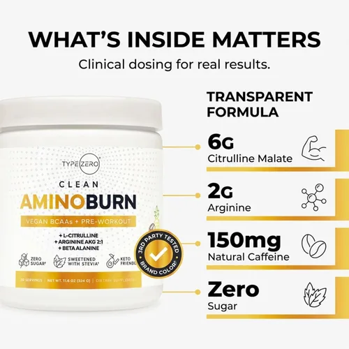 Vista 3 de Type Zero Amino Burn Vegan BCAA + Pre-entrenamiento (sabor a piña colada)