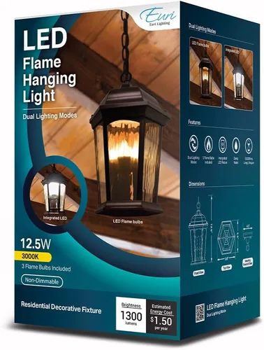 Vista 6 de Euri Lighting EHL-130W-MD, linterna colgante de llama parpadeante, vidrio de agua, con luz de seguridad integrada (3000 K), función seleccionable