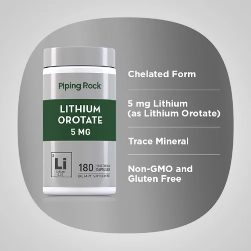 Vista 4 de Piping Rock Suplemento de orrotato de litio 5 mg 180 cápsulas Sin OMG, vegetariano, sin gluten