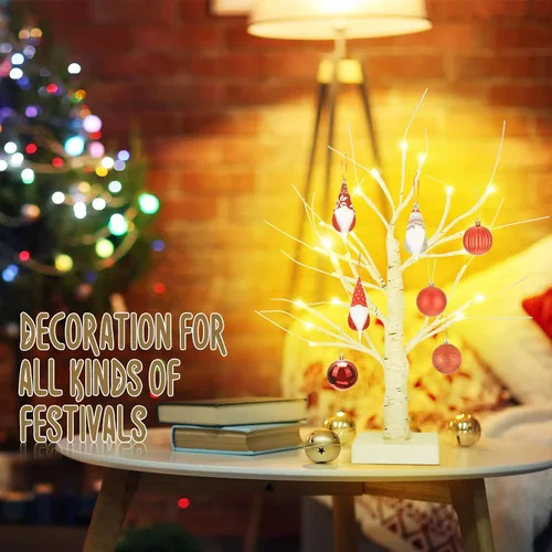 Vista 5 de Macarrie 4 piezas árbol de abedul con luces LED, decoraciones de Navidad y boda, mini ramas artificiales blancas iluminadas para mesa, funciona