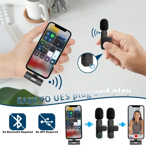 Vista 3 de Micrófono de solapa profesional inalámbrico Lavalier para iPhone, iPad, micrófono de grabación de condensador omnidireccional inalámbrico