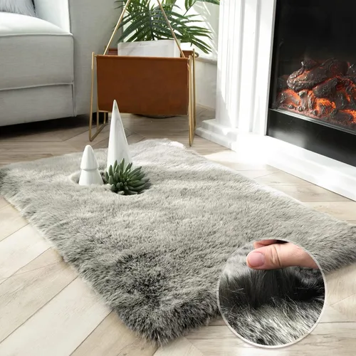 Vista 25 de Ashler HOME DECO Funda de piel sintética de zorro suave para silla, alfombra para dormitorio, suelo, sofá, sala de estar, color negro y blanco, 2 x