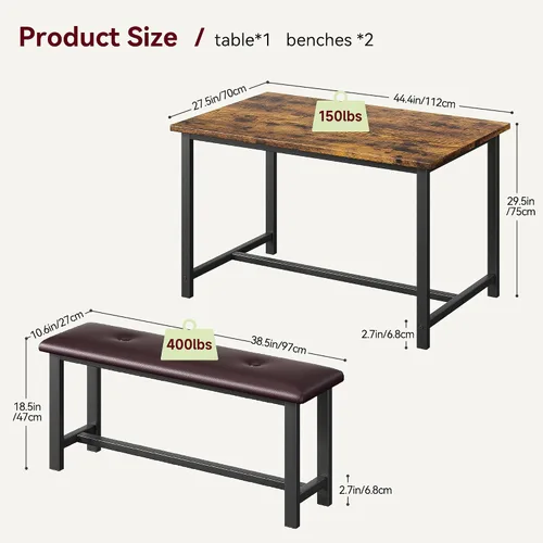 Vista 6 de GAOMON Juego de mesa de comedor para 4, mesa de cocina con bancos, juego de mesa de comedor rectangular con 2 bancos tapizados, juego de mesa