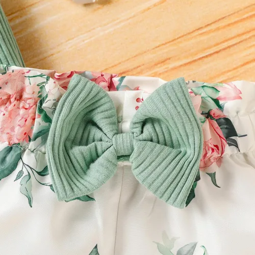 Vista 5 de Trajes florales para niñas y niñas, promovido a hermana mayor, camisa de manga corta + pantalones cortos con lazo floral + diadema, 3 piezas de ropa
