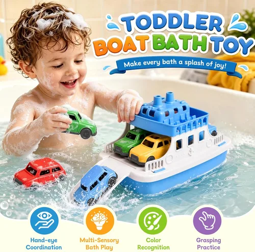 Vista 3 de FUN LITTLE TOYS Barco de juguete para baño para niños pequeños con 4 juguetes de mini autos, juguetes de agua para niños, barco de ferry