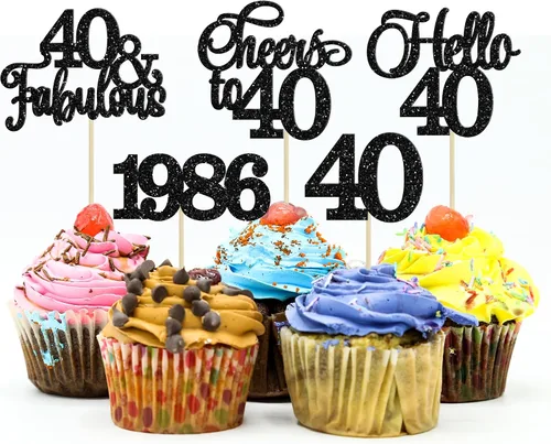 Vista 21 de Gyufise Paquete de 24 adornos negros para cupcakes de 10.º cumpleaños con purpurina negra 10 Ten Hello 10 Dights dobles desde 2015 para decoraciones