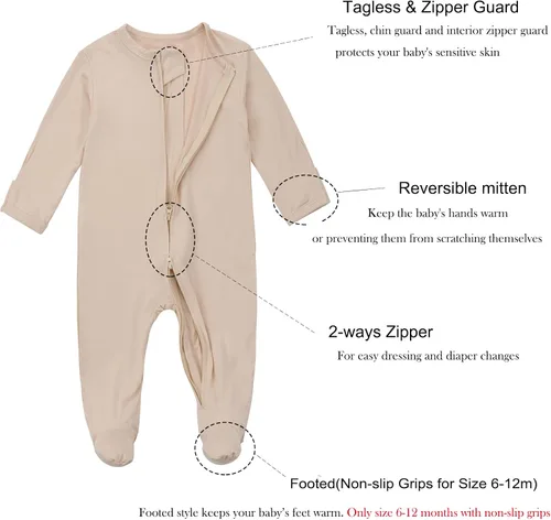 Vista 3 de Aablexema Pijamas con cremallera para bebé, rayón de bambú, pijamas con pies y mitones, pijamas para dormir