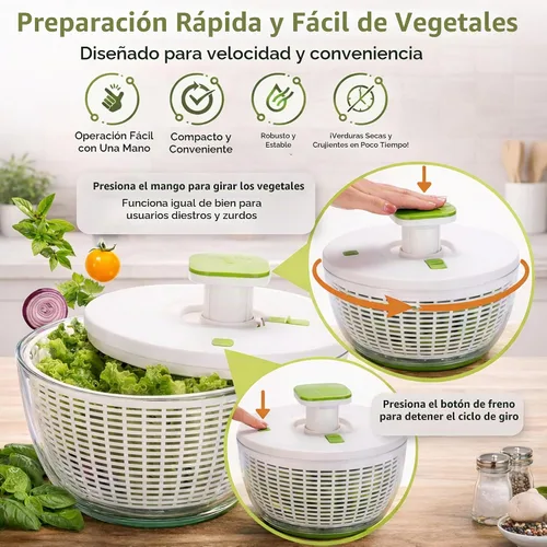 Vista 2 de Brieftons QuickPush - Molinillo de ensalada grande, tamaño familiar de 6.3 cuartos de galón, bomba y freno manual con una sola mano, hilandero