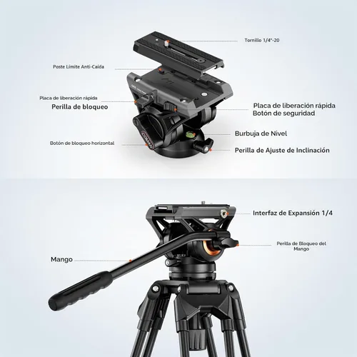 Vista 5 de COMAN Trípode de video de 74.4 pulgadas, trípode de cámara resistente con cabezal fluido y aleación de aluminio, carga máxima de 17.6 lbs/8 kg
