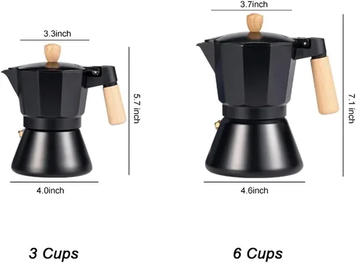 Vista 5 de Moka Pot - Cafetera para estufa, estilo italiano, cafetera clásica con mango de madera natural (3 tazas)