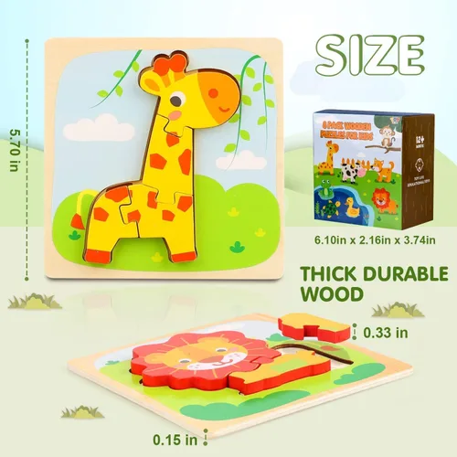 Vista 8 de TOY Life Juego de juguetes de madera con 2 autos de madera para bebés, 8 rompecabezas de madera de animales para niños pequeños