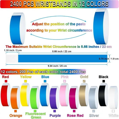 Vista 2 de 2400 pulseras de papel de plástico para eventos, pulseras de papel de colores, bandas de identificación para eventos (multicolor)